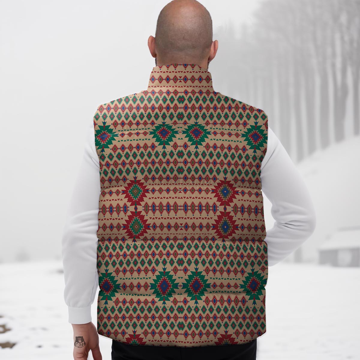 Southwestern Beige And Red Print Pattern Down Vest