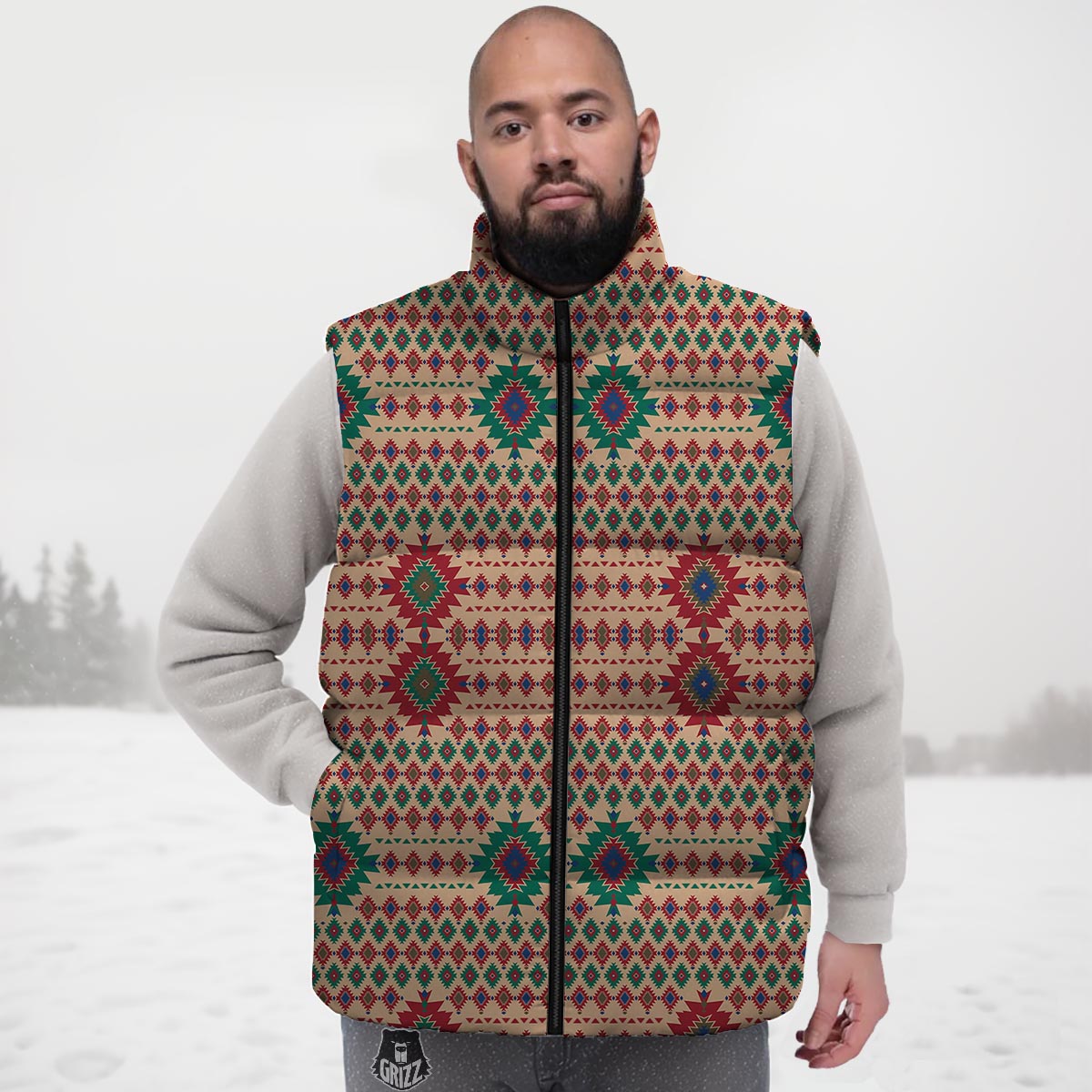 Southwestern Beige And Red Print Pattern Down Vest