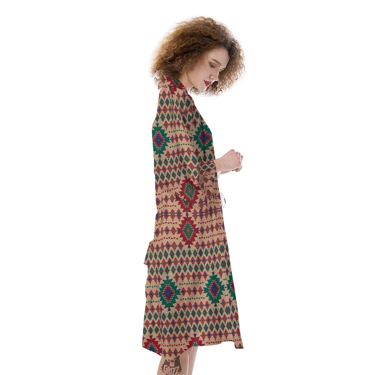Southwestern Beige And Red Print Pattern Kimono-grizzshop