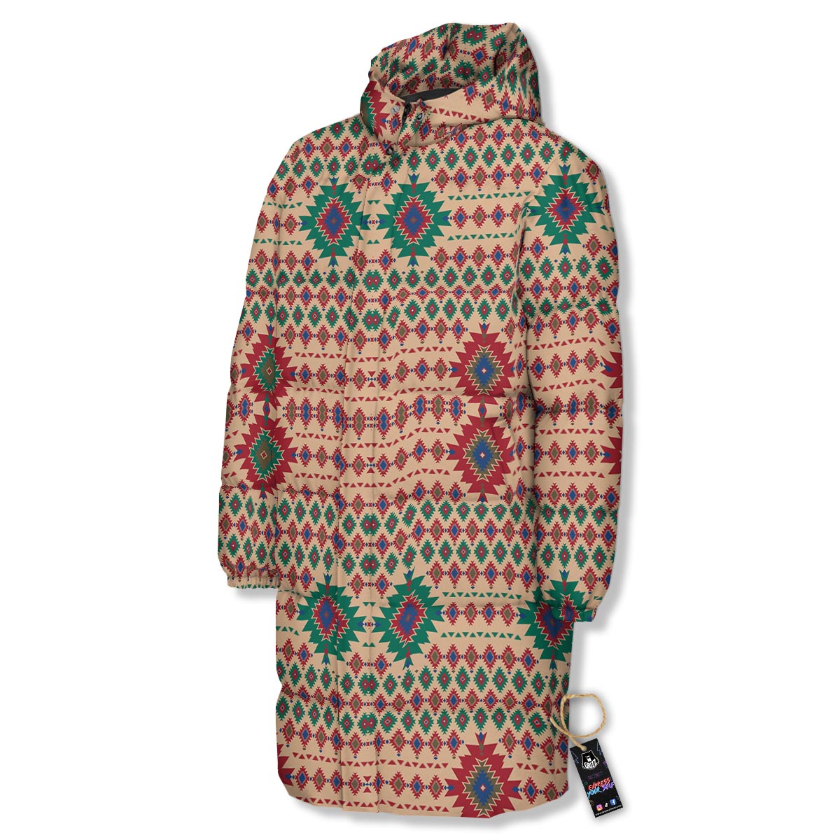 Southwestern Beige And Red Print Pattern Long Down Jacket-grizzshop