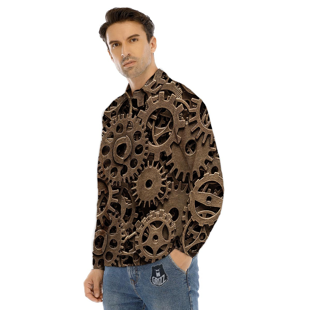 Southwestern Beige And Red Print Pattern Men's Dress Shirts-grizzshop