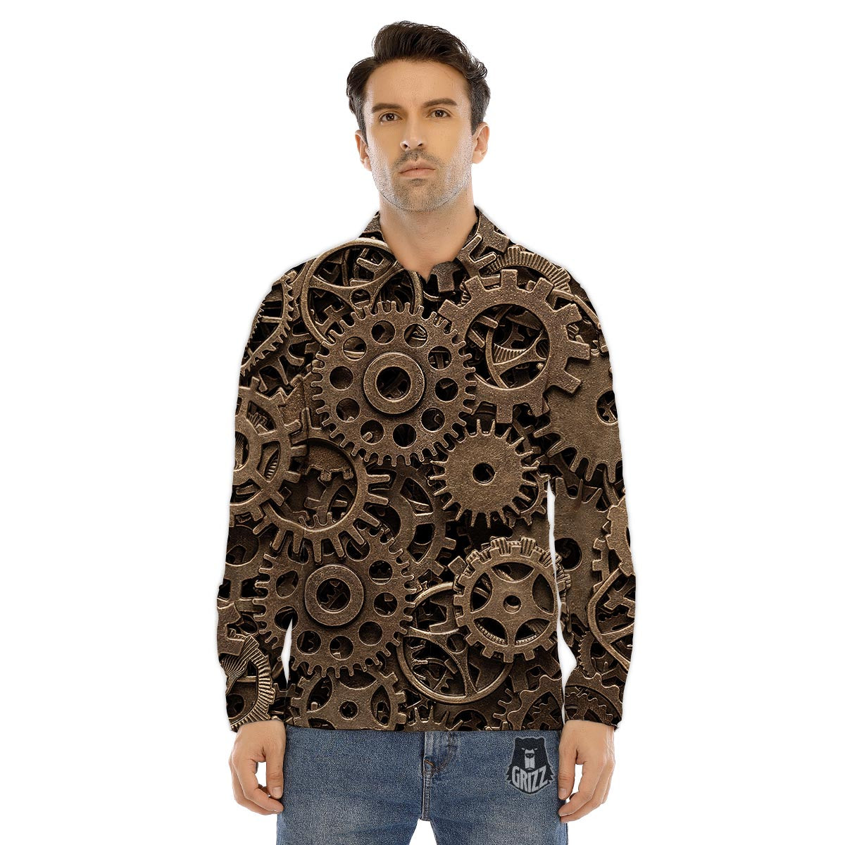 Southwestern Beige And Red Print Pattern Men's Dress Shirts-grizzshop