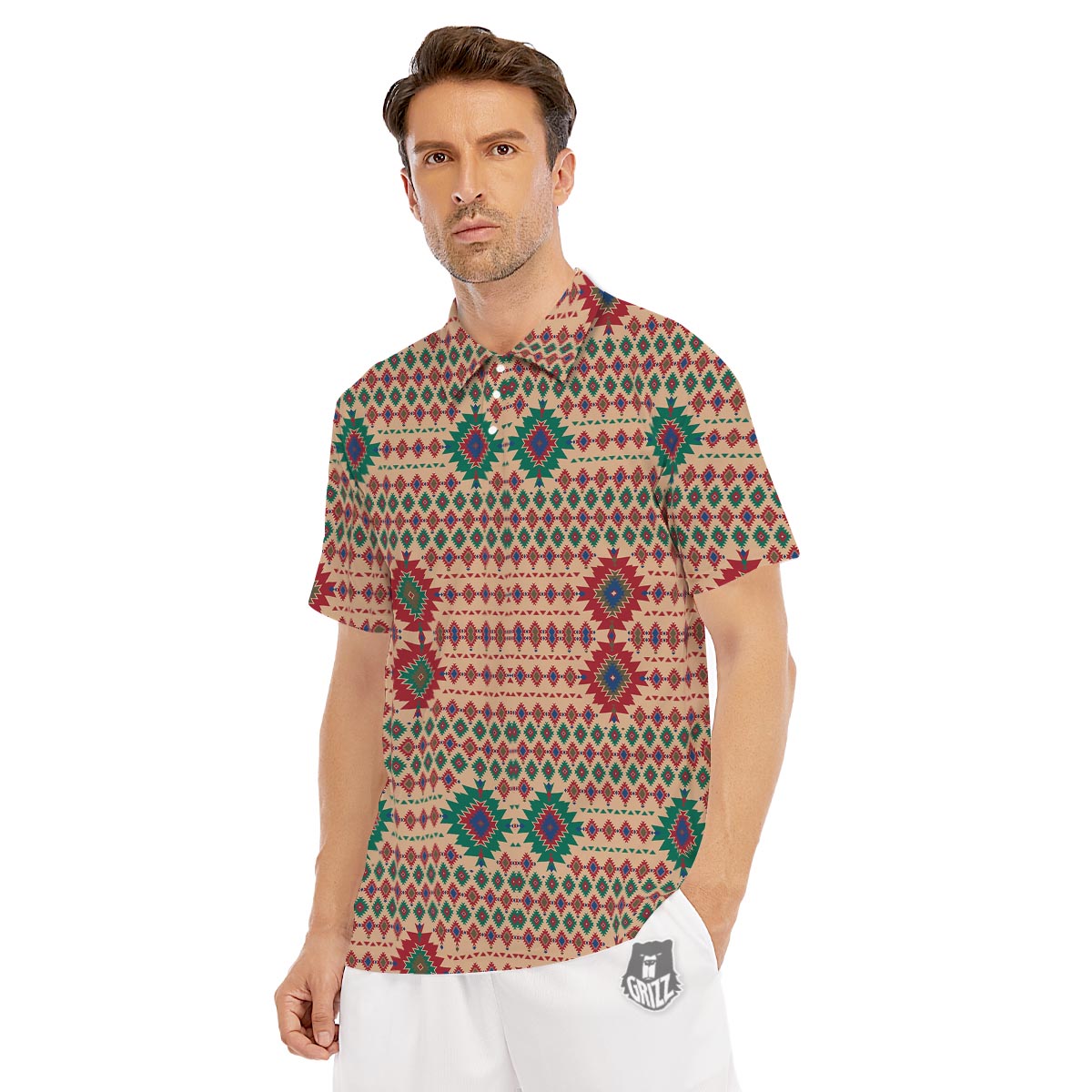 Southwestern Beige And Red Print Pattern Men's Golf Shirts-grizzshop