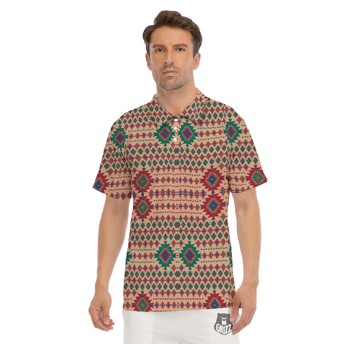 Southwestern Beige And Red Print Pattern Men's Golf Shirts-grizzshop