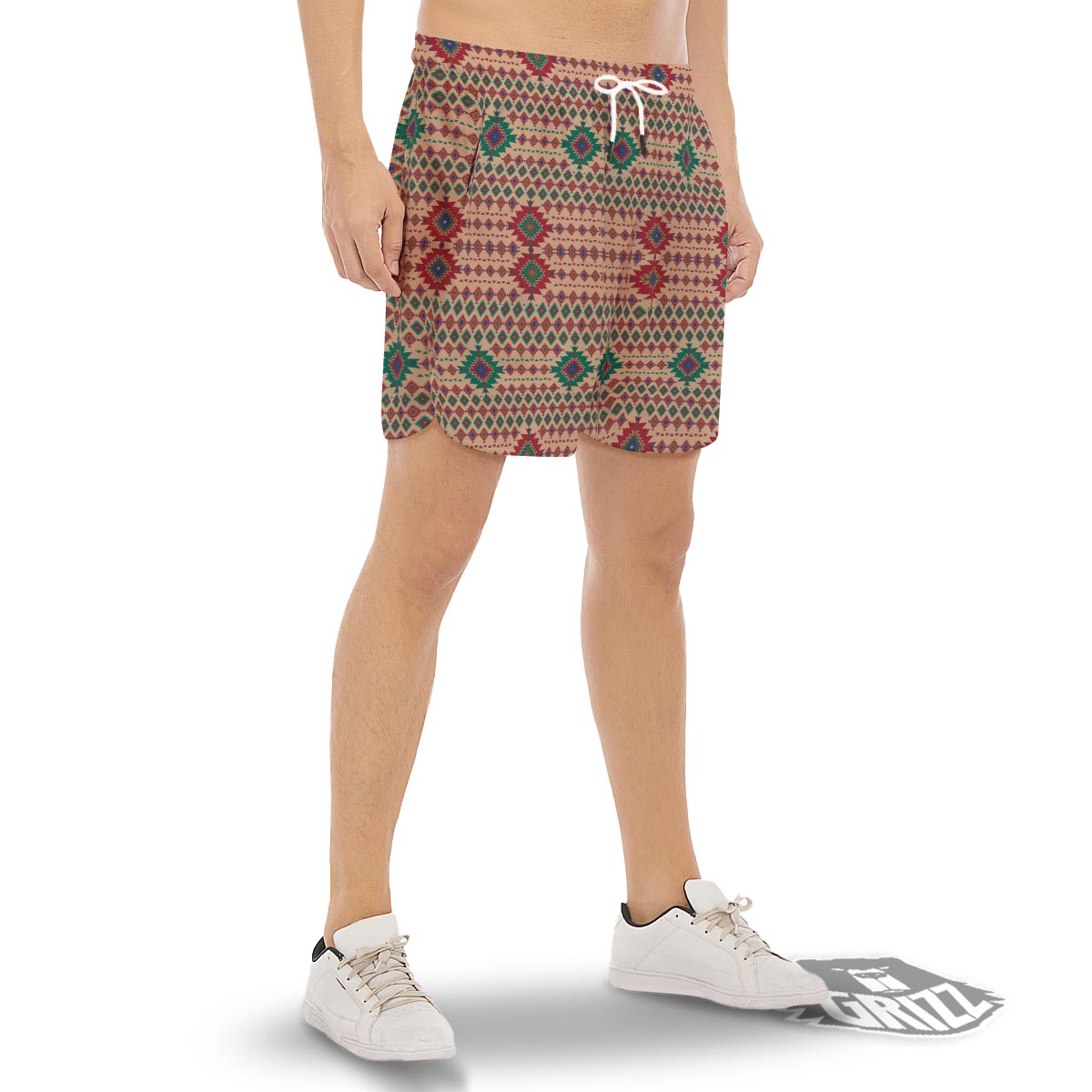 Southwestern Beige And Red Print Pattern Men's Gym Shorts-grizzshop