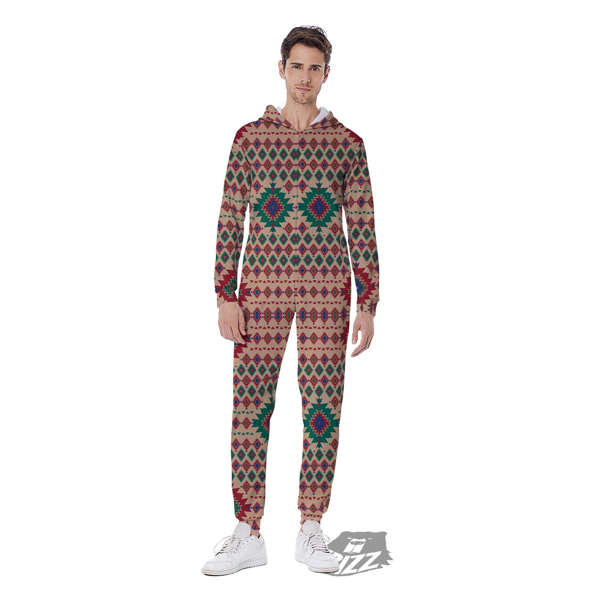 Southwestern Beige And Red Print Pattern Men's Jumpsuit-grizzshop