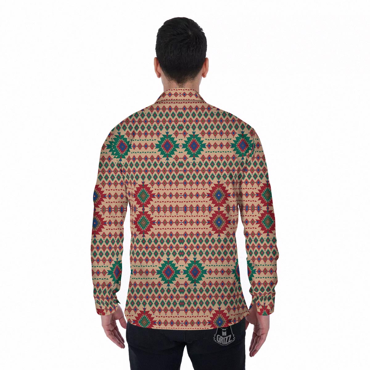 Southwestern Beige And Red Print Pattern Men's Long Sleeve Shirts-grizzshop
