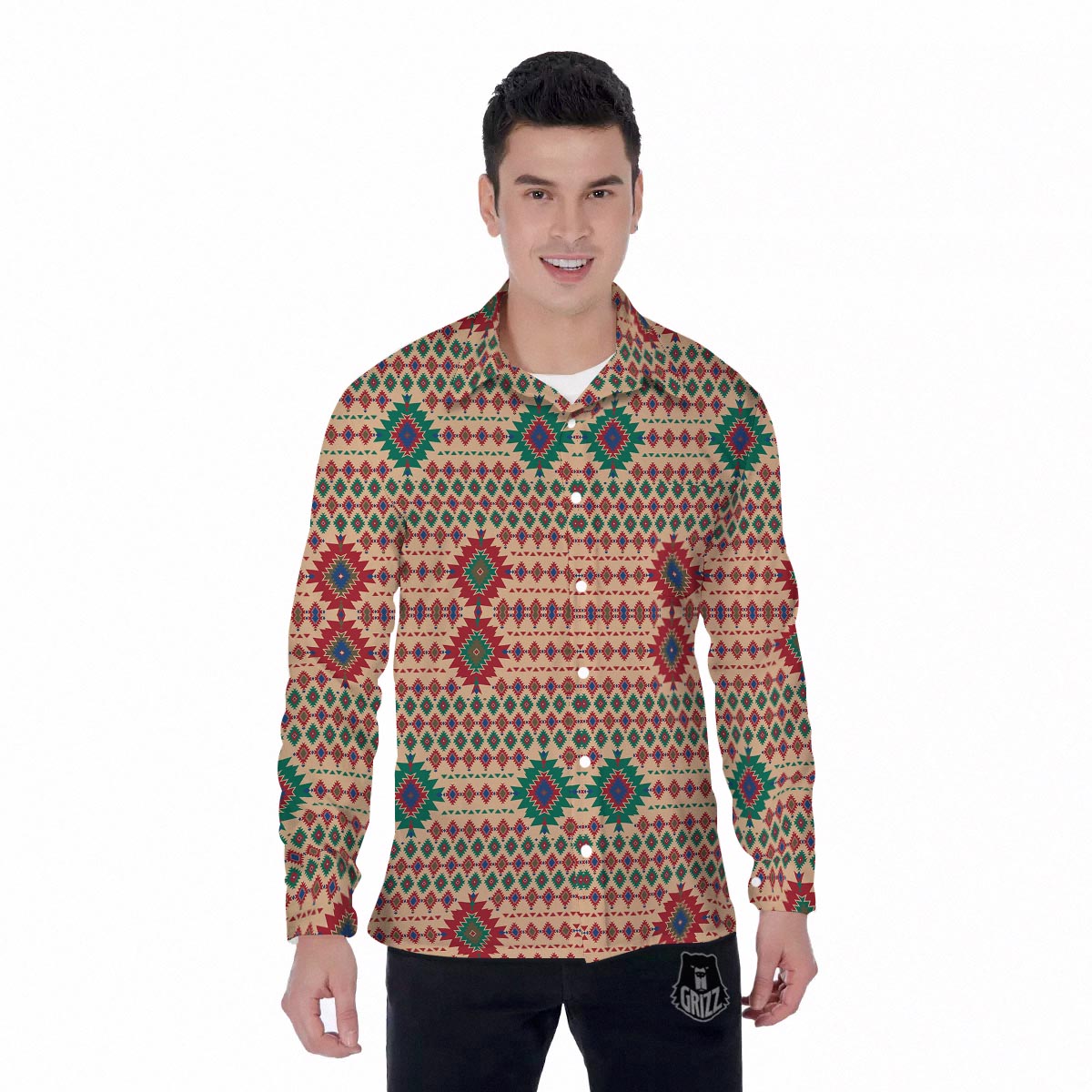 Southwestern Beige And Red Print Pattern Men's Long Sleeve Shirts-grizzshop