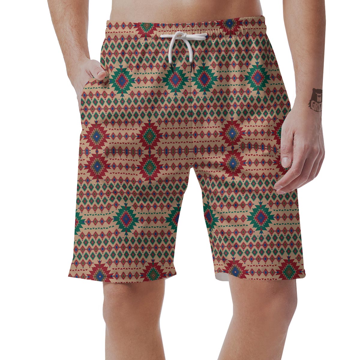 Southwestern Beige And Red Print Pattern Men's Shorts-grizzshop
