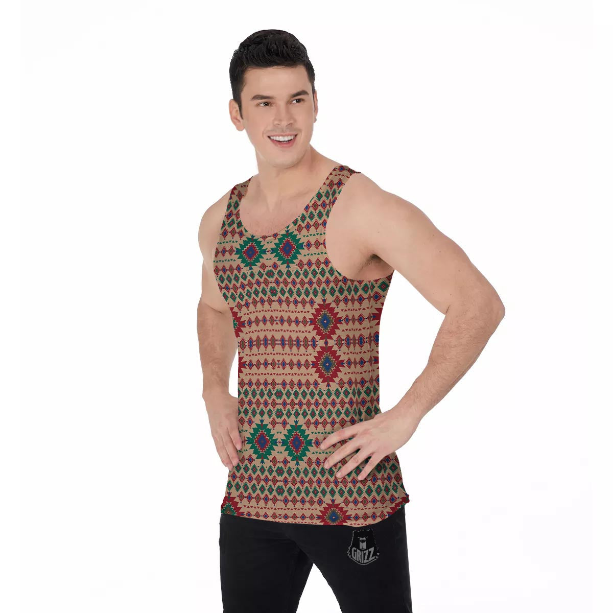 Southwestern Beige And Red Print Pattern Men's Tank Top-grizzshop