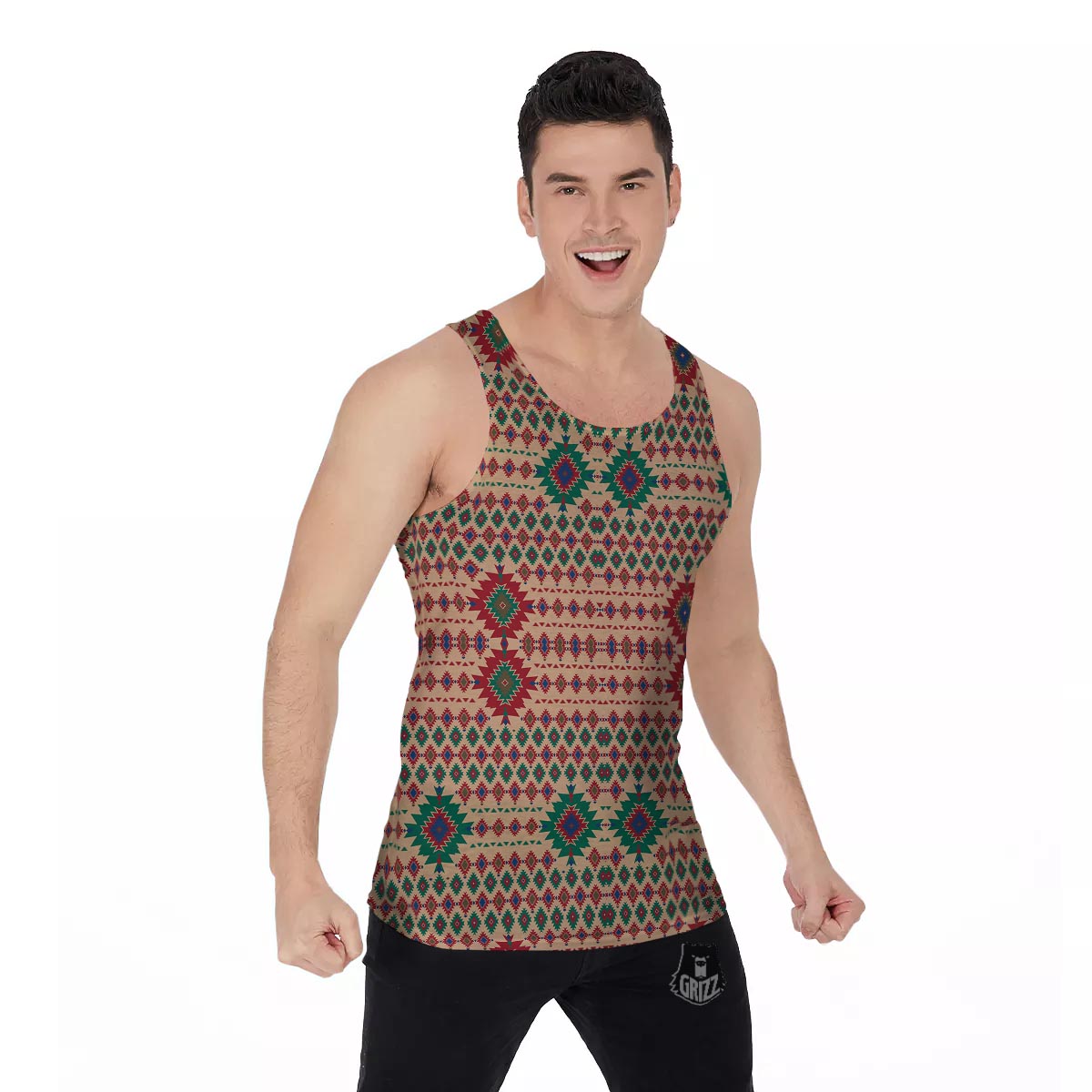 Southwestern Beige And Red Print Pattern Men's Tank Top-grizzshop