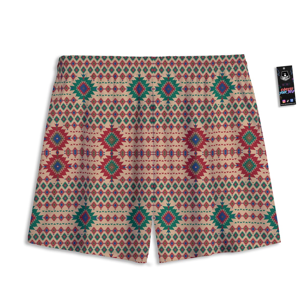 Southwestern Beige And Red Print Pattern Mesh Shorts