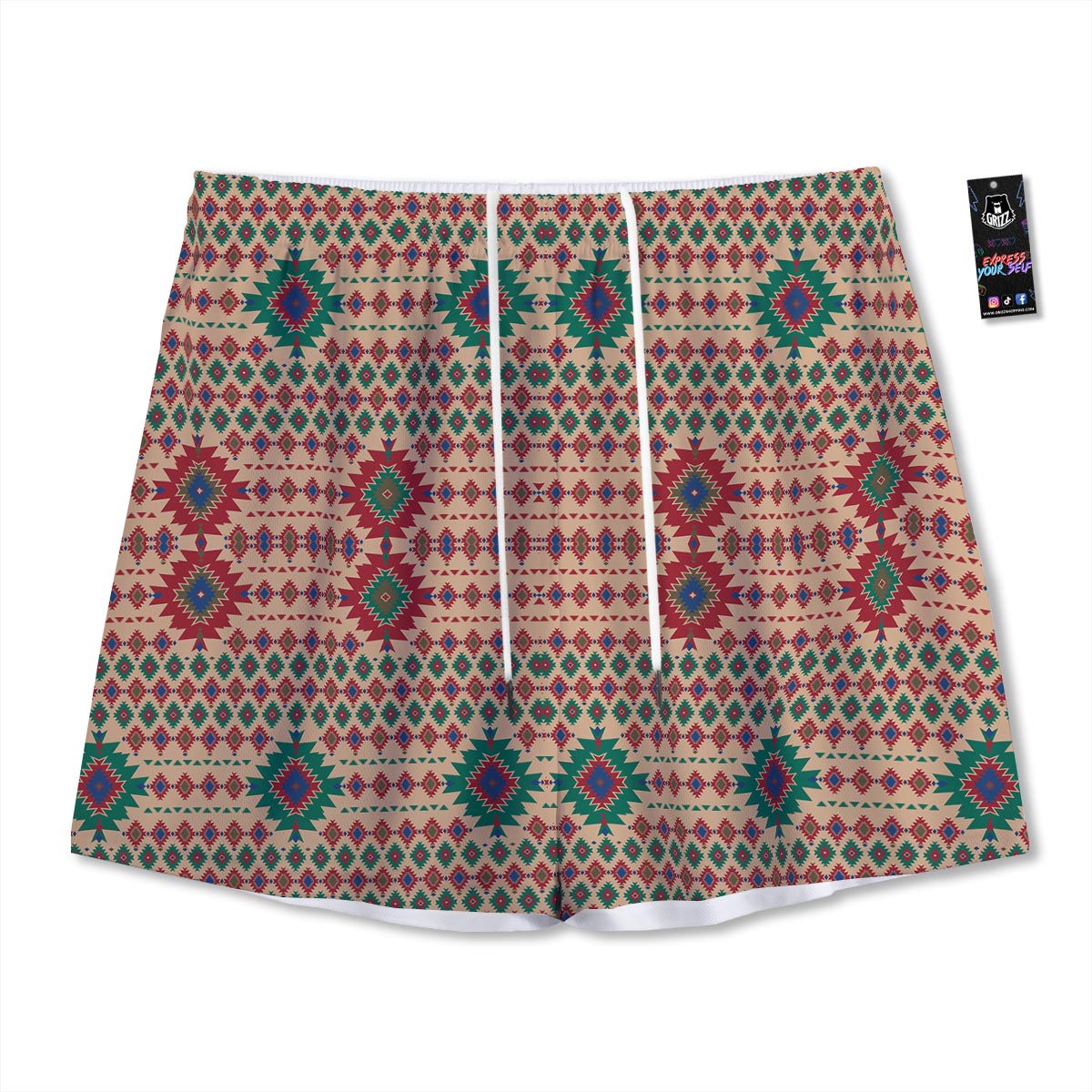 Southwestern Beige And Red Print Pattern Mesh Shorts
