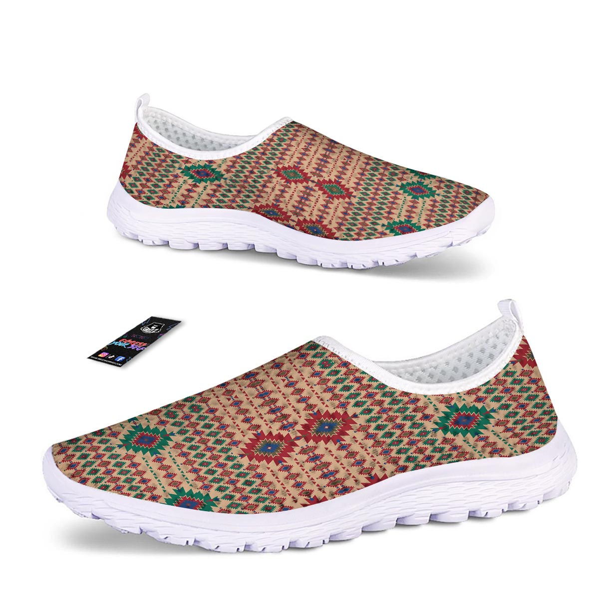 Southwestern Beige And Red Print Pattern Nurse Shoes-grizzshop