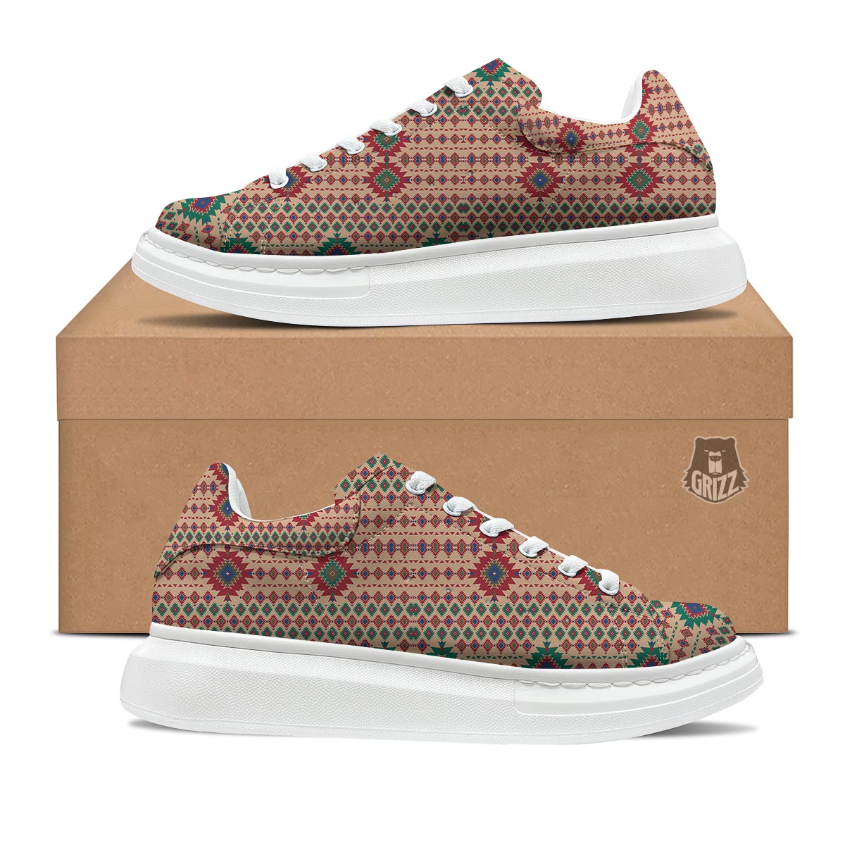 Southwestern Beige And Red Print Pattern Platform Shoes-grizzshop