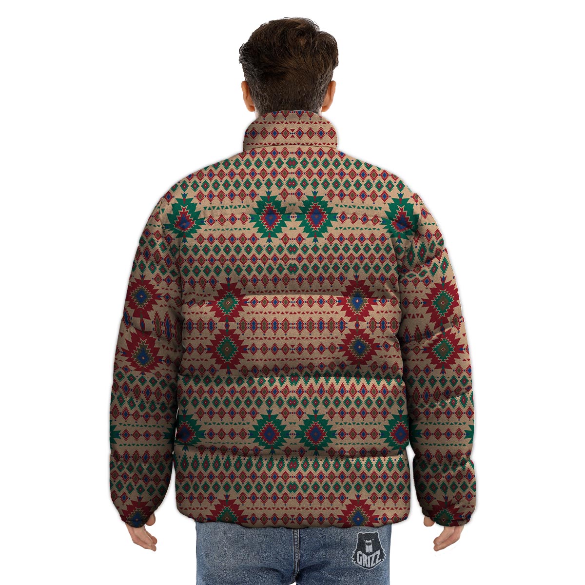Southwestern Beige And Red Print Pattern Puffer Jacket-grizzshop