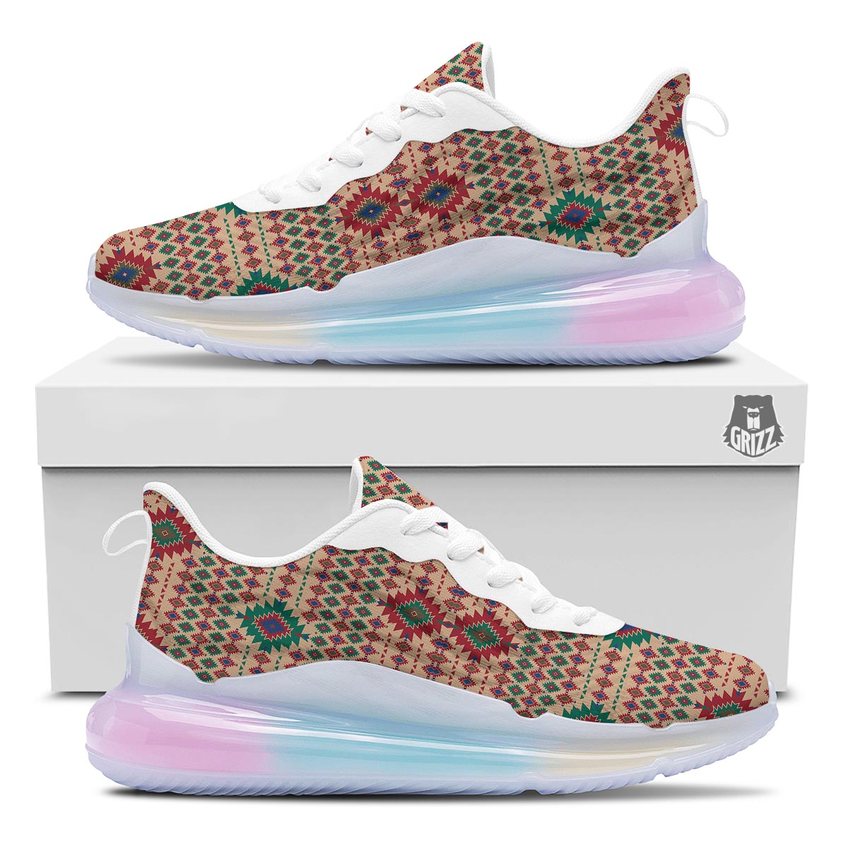Southwestern Beige And Red Print Pattern Running Sneakers-grizzshop