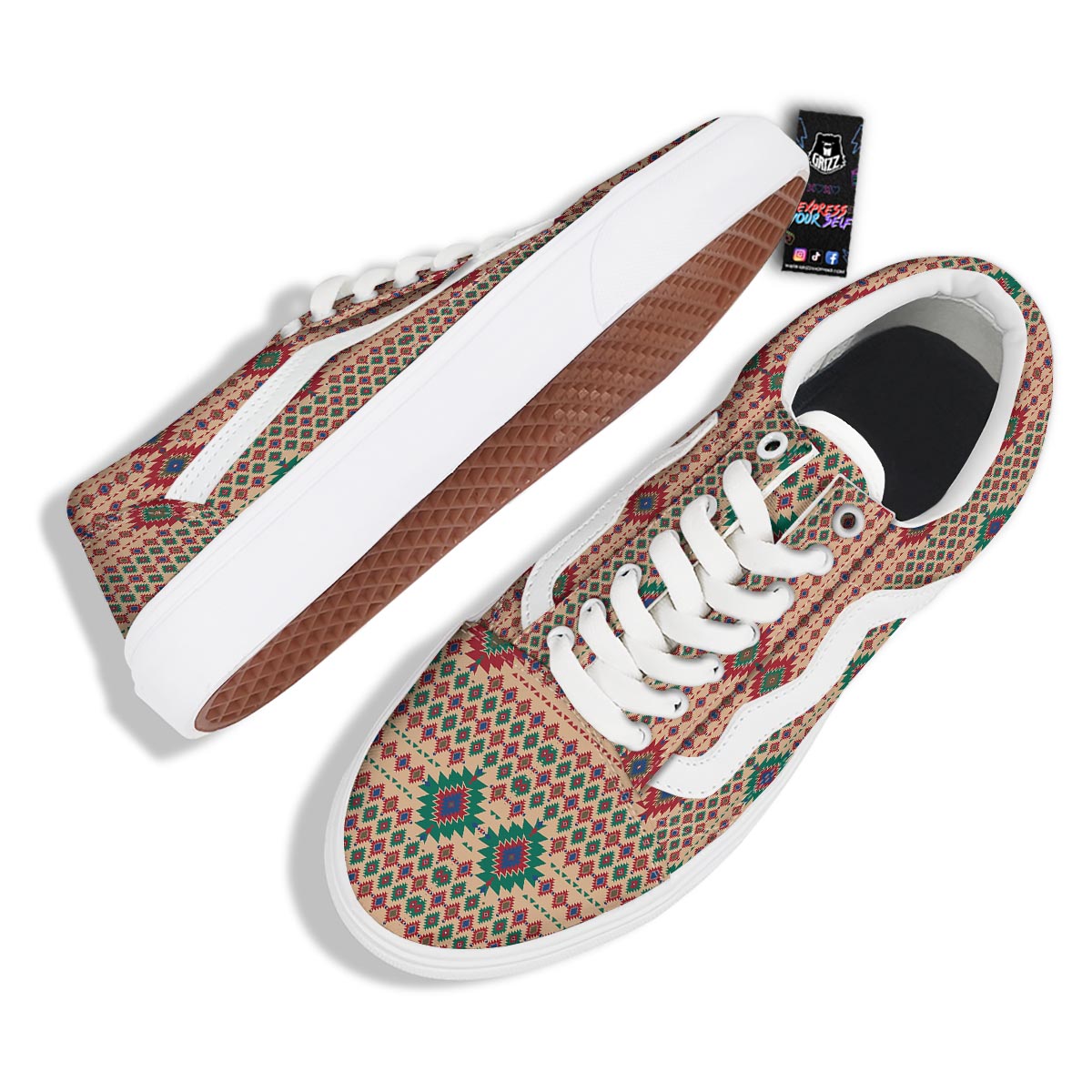 Southwestern Beige And Red Print Pattern Skate Shoes-grizzshop