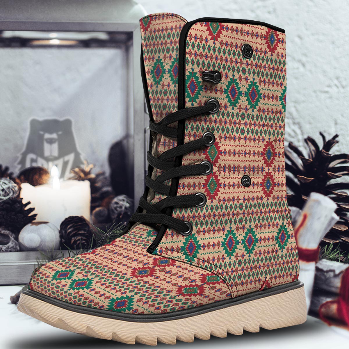 Southwestern Beige And Red Print Pattern Snow Boots-grizzshop