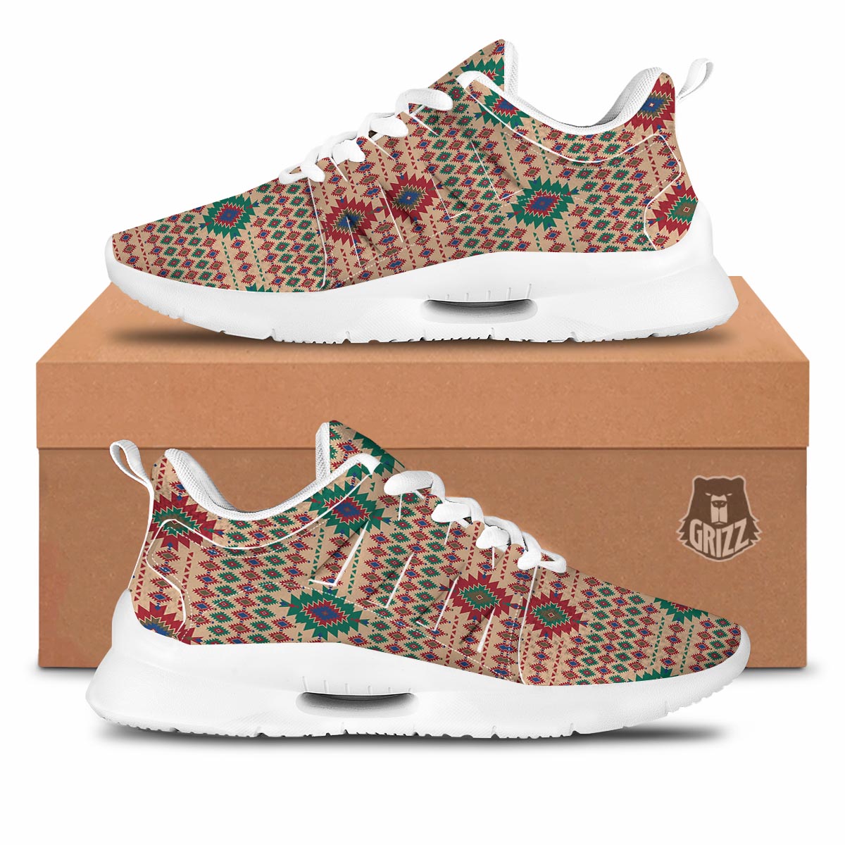 Southwestern Beige And Red Print Pattern Tennis Shoes-grizzshop
