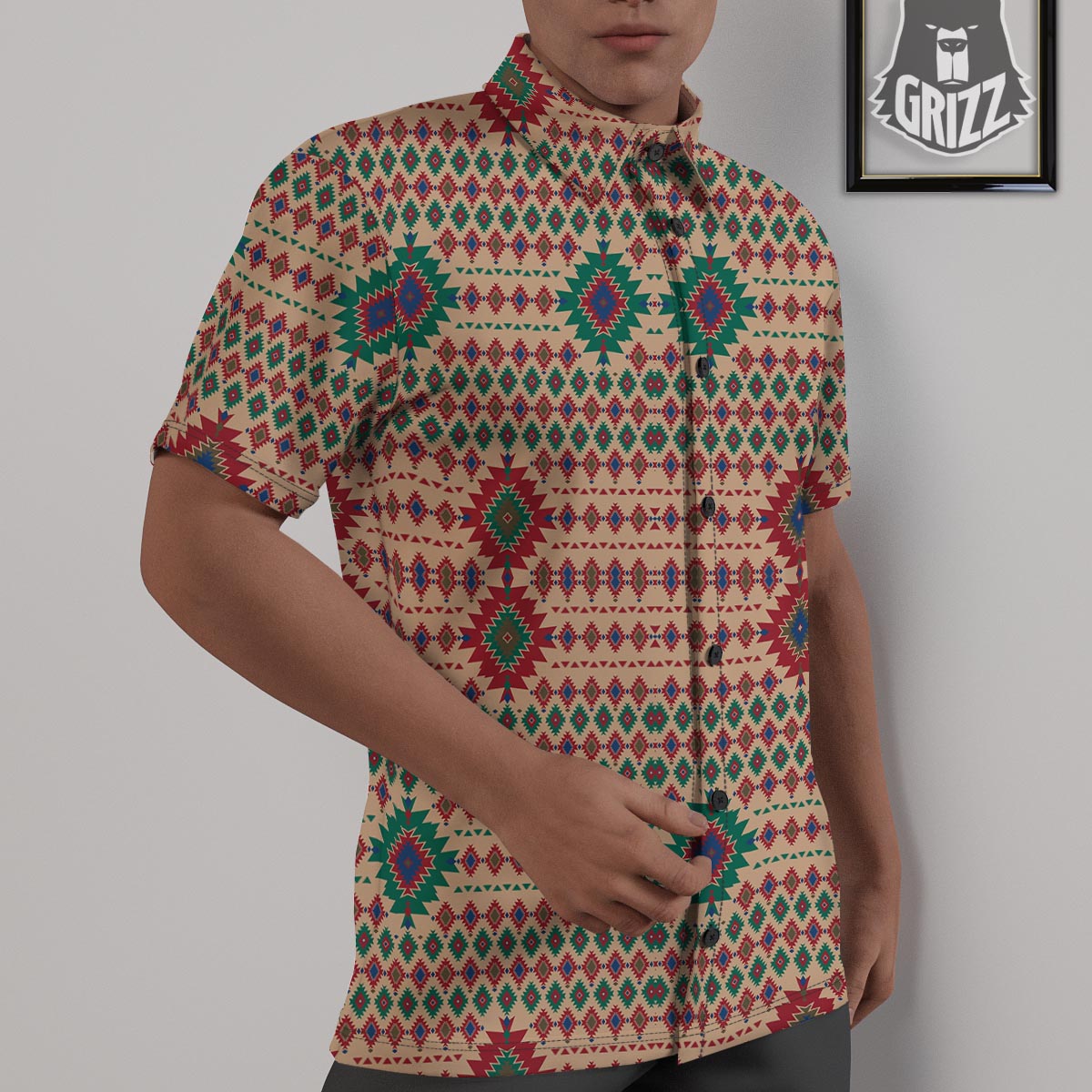 Southwestern Beige And Red Print Pattern Untucked Shirts-grizzshop
