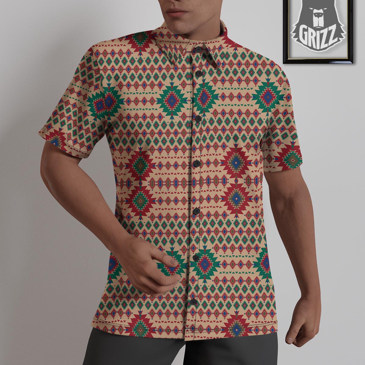 Southwestern Beige And Red Print Pattern Untucked Shirts-grizzshop
