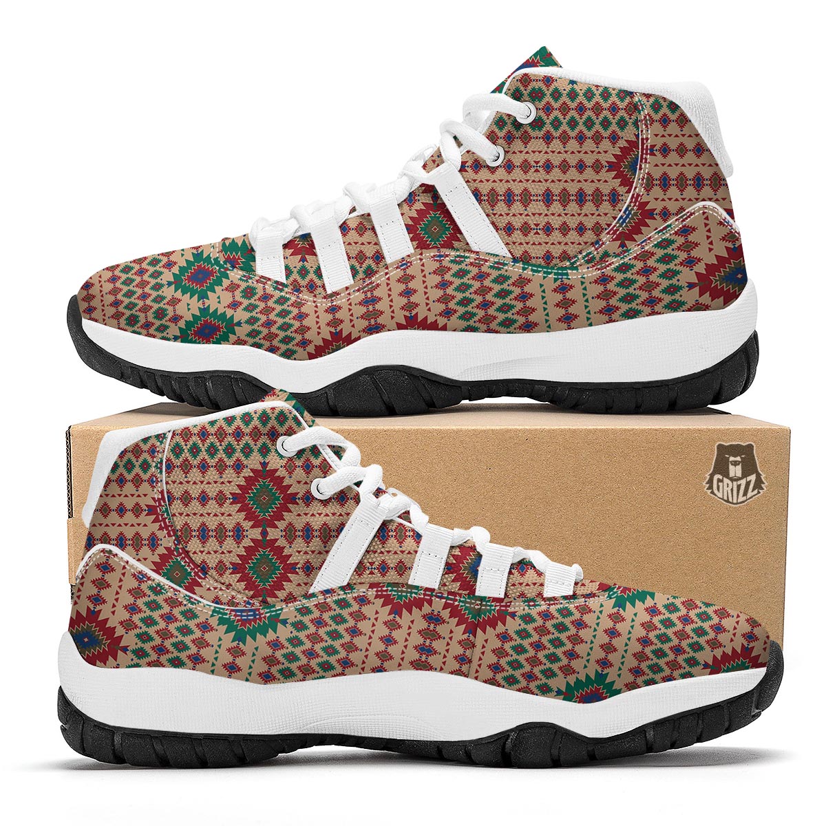 Southwestern Beige And Red Print Pattern White Bball Shoes-grizzshop