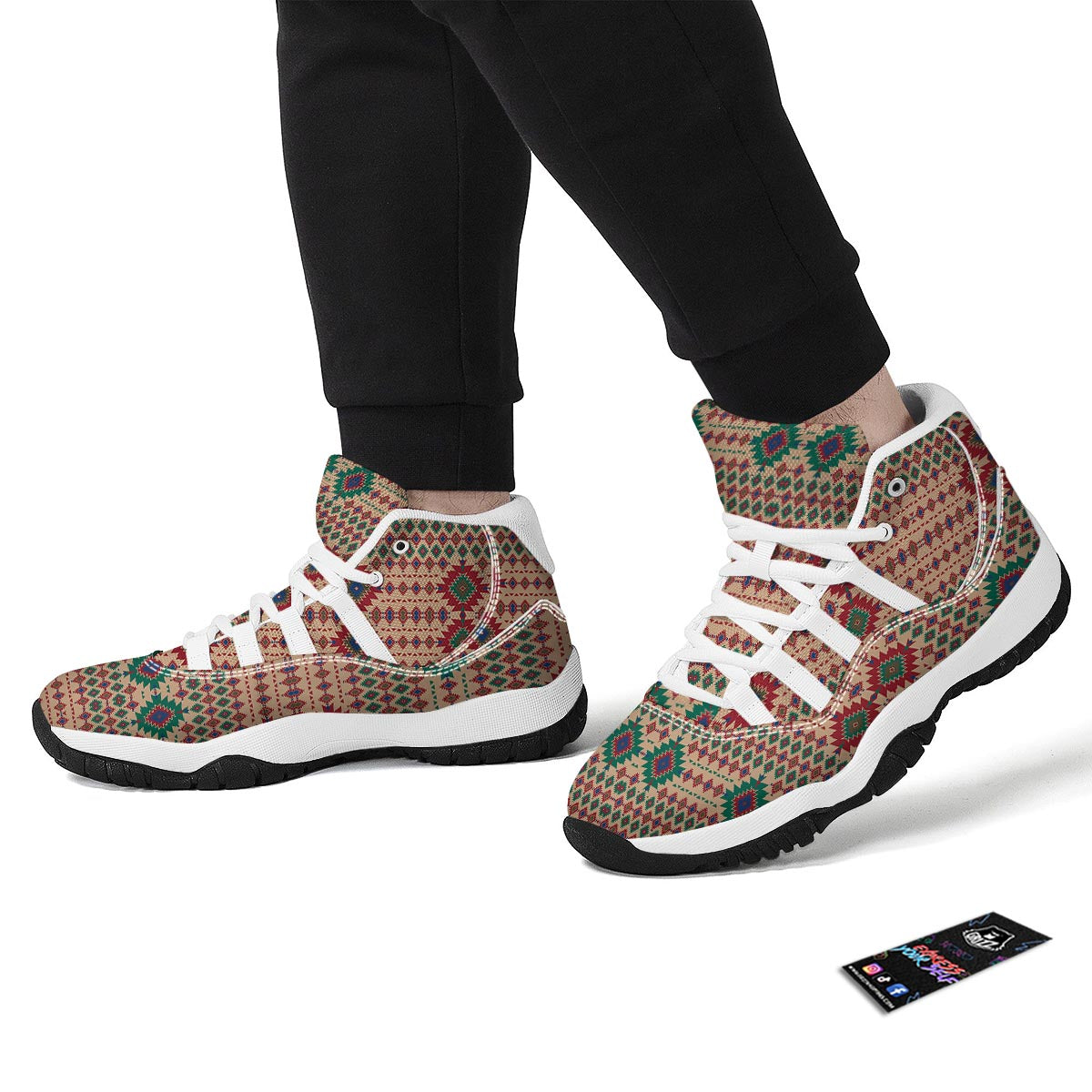 Southwestern Beige And Red Print Pattern White Bball Shoes-grizzshop