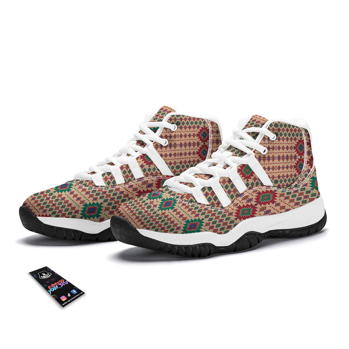 Southwestern Beige And Red Print Pattern White Bball Shoes-grizzshop
