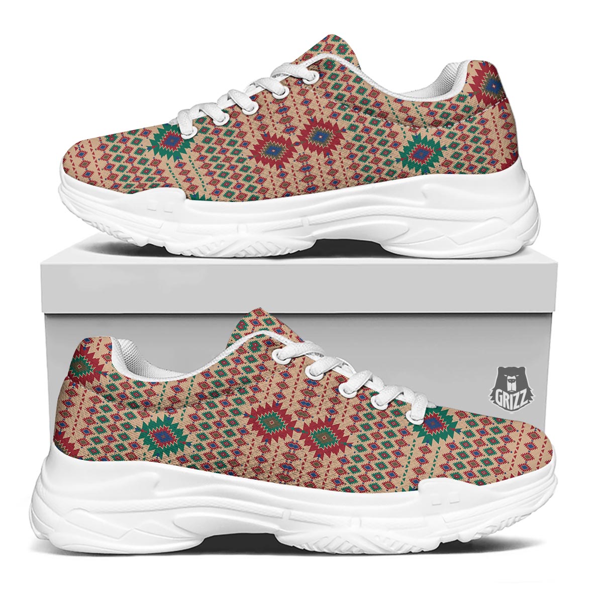 Southwestern Beige And Red Print Pattern White Chunky Shoes-grizzshop