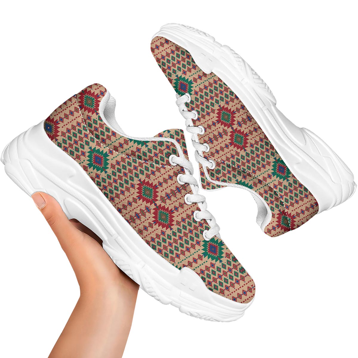 Southwestern Beige And Red Print Pattern White Chunky Shoes-grizzshop