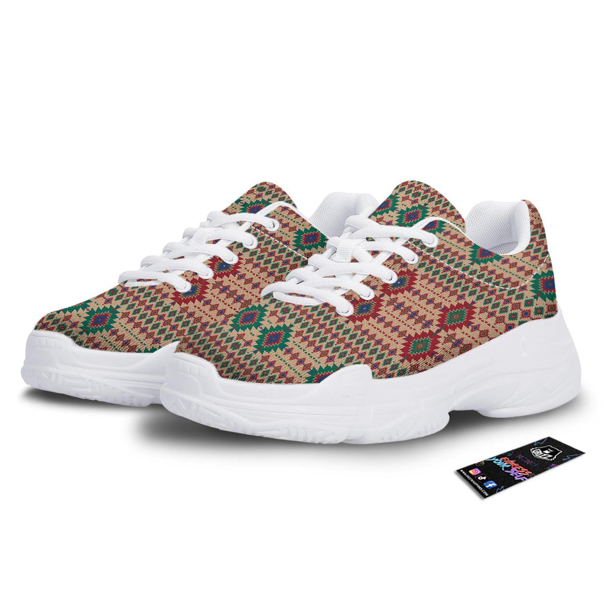 Southwestern Beige And Red Print Pattern White Chunky Shoes-grizzshop