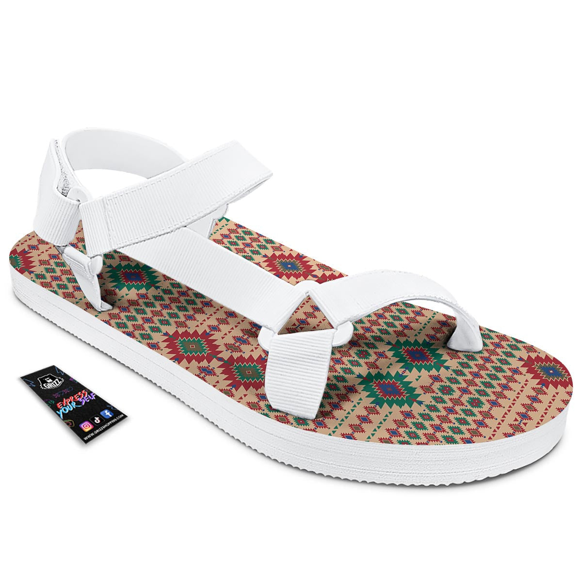 Southwestern Beige And Red Print Pattern White Open Toe Sandals-grizzshop