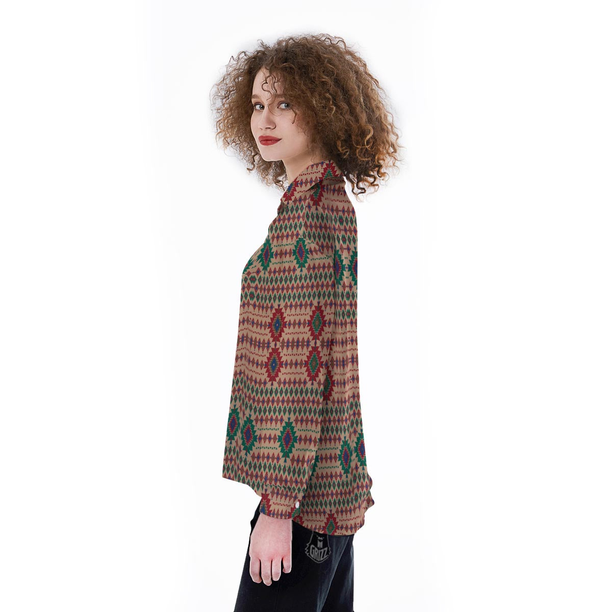 Southwestern Beige And Red Print Pattern Women's Long Sleeve Shirts-grizzshop