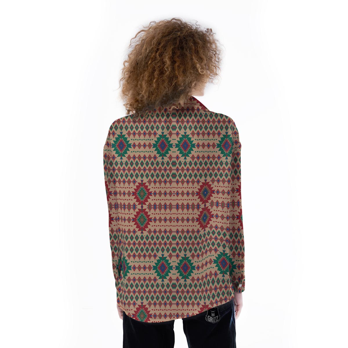Southwestern Beige And Red Print Pattern Women's Long Sleeve Shirts-grizzshop