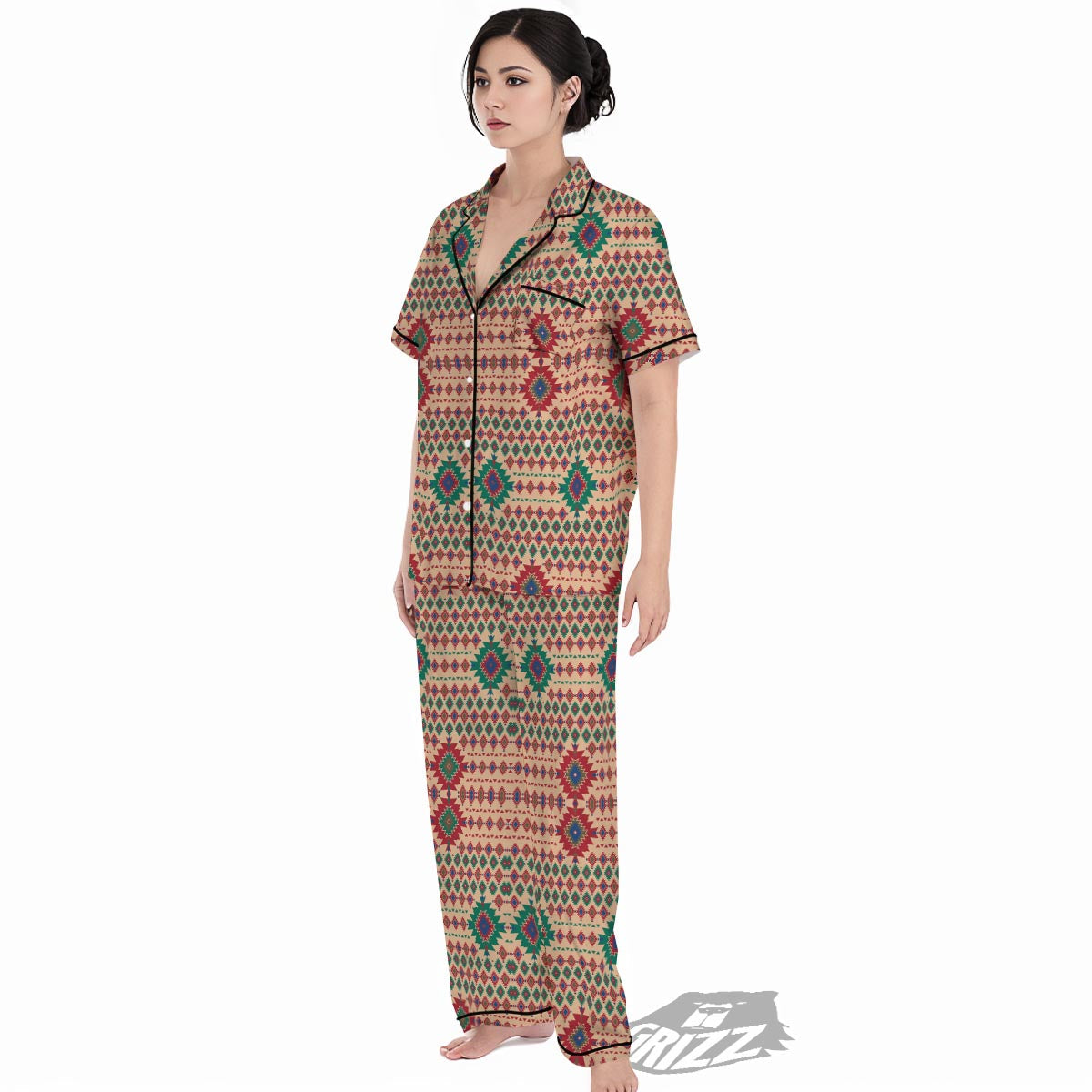 Southwestern Beige And Red Print Pattern Women's Pajamas Set-grizzshop
