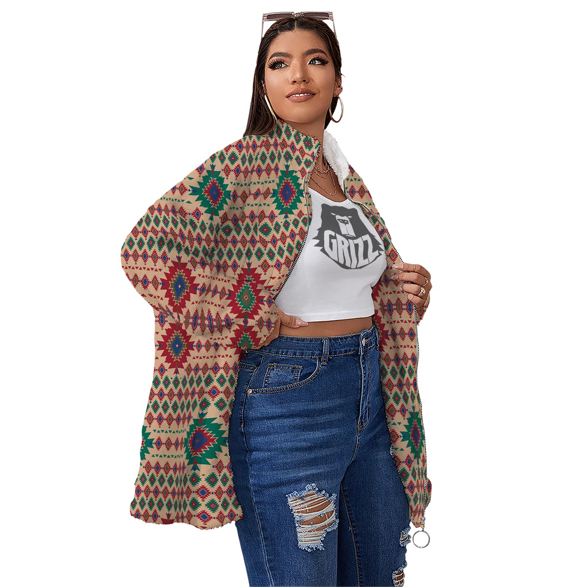 Southwestern Beige And Red Print Pattern Women's Sherpa Jacket-grizzshop