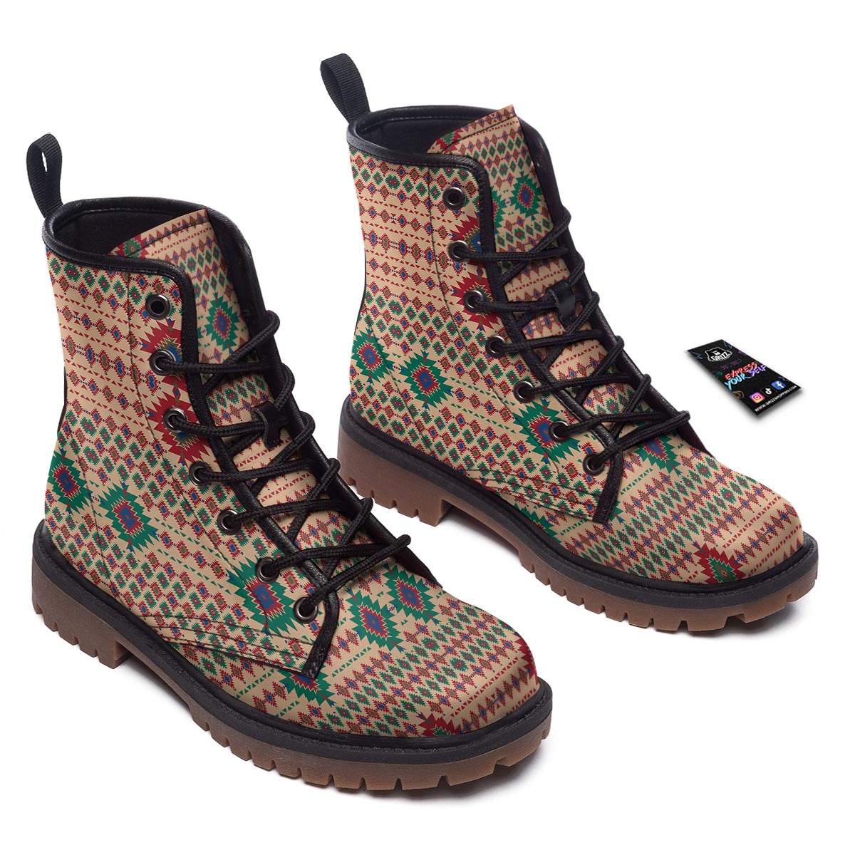 Southwestern Beige And Red Print Pattern Work Boots-grizzshop