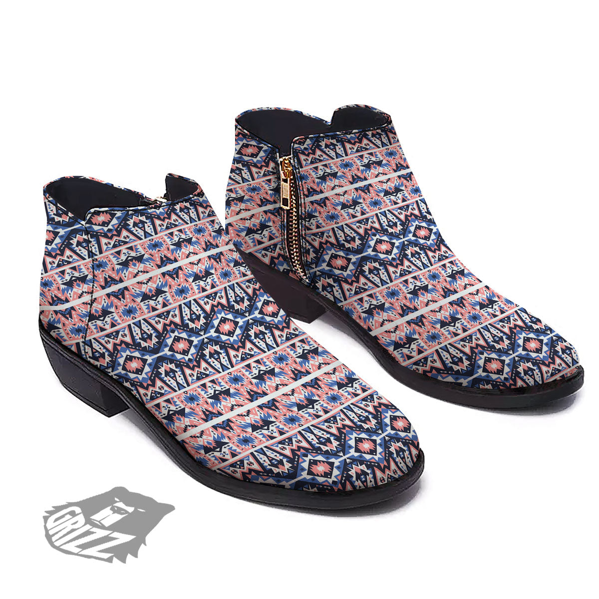 Southwestern Blue And Pink Print Pattern Ankle Boots-grizzshop