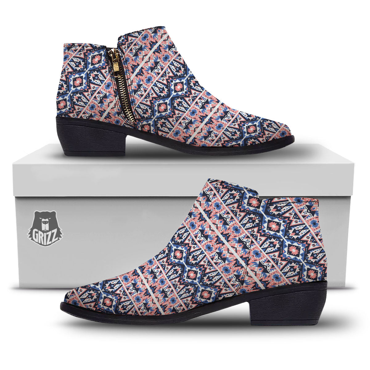 Southwestern Blue And Pink Print Pattern Ankle Boots-grizzshop