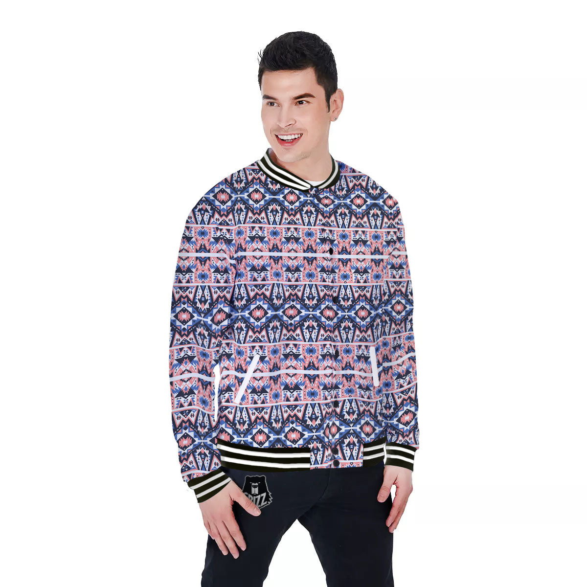 Southwestern Blue And Pink Print Pattern Baseball Jacket-grizzshop