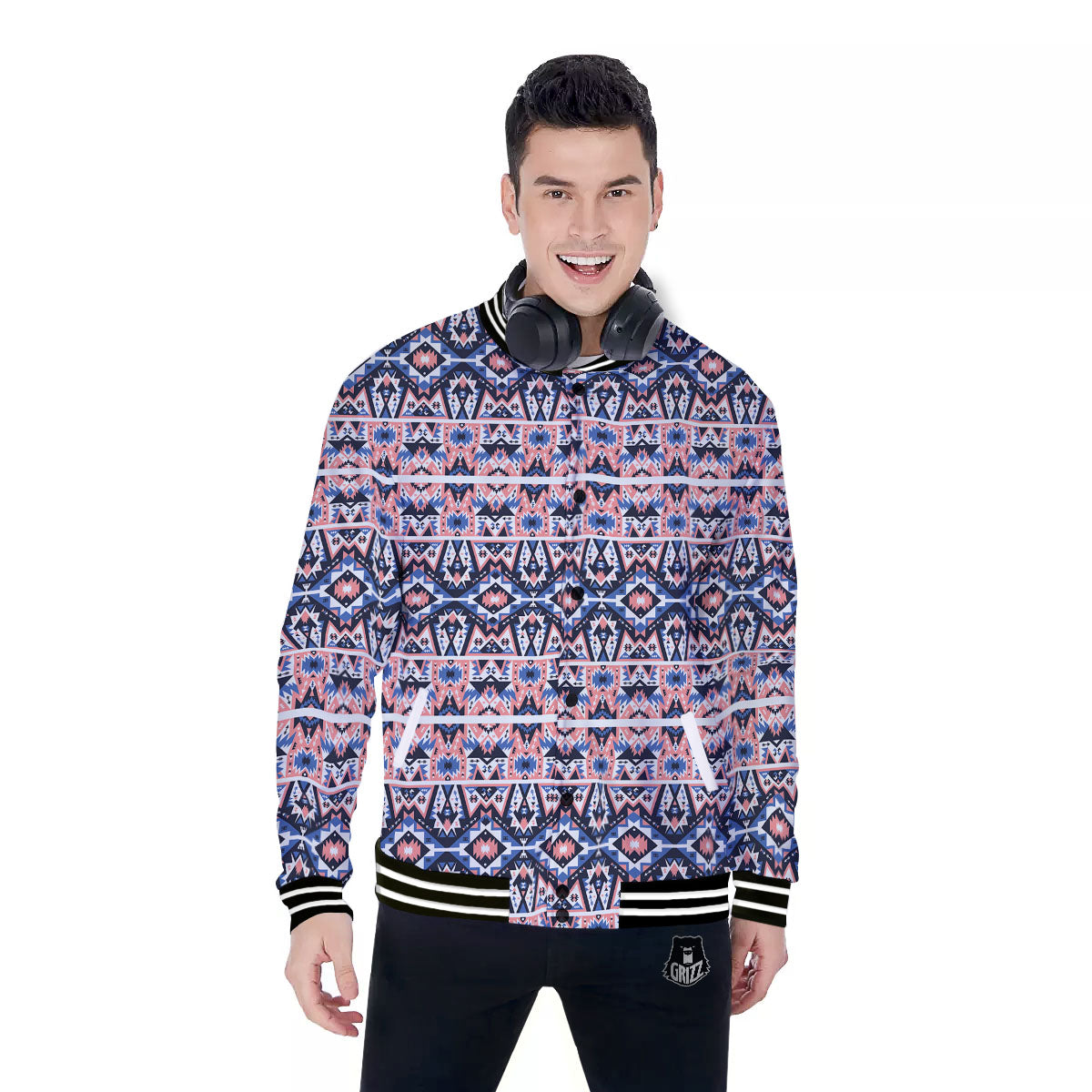 Southwestern Blue And Pink Print Pattern Baseball Jacket-grizzshop