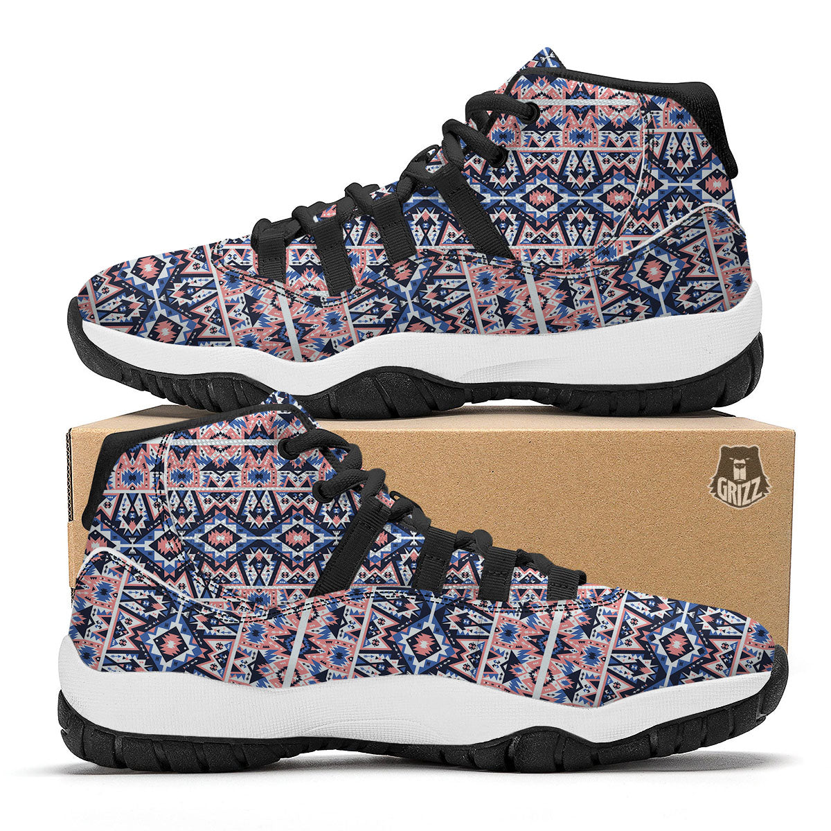 Southwestern Blue And Pink Print Pattern Black Bball Shoes-grizzshop
