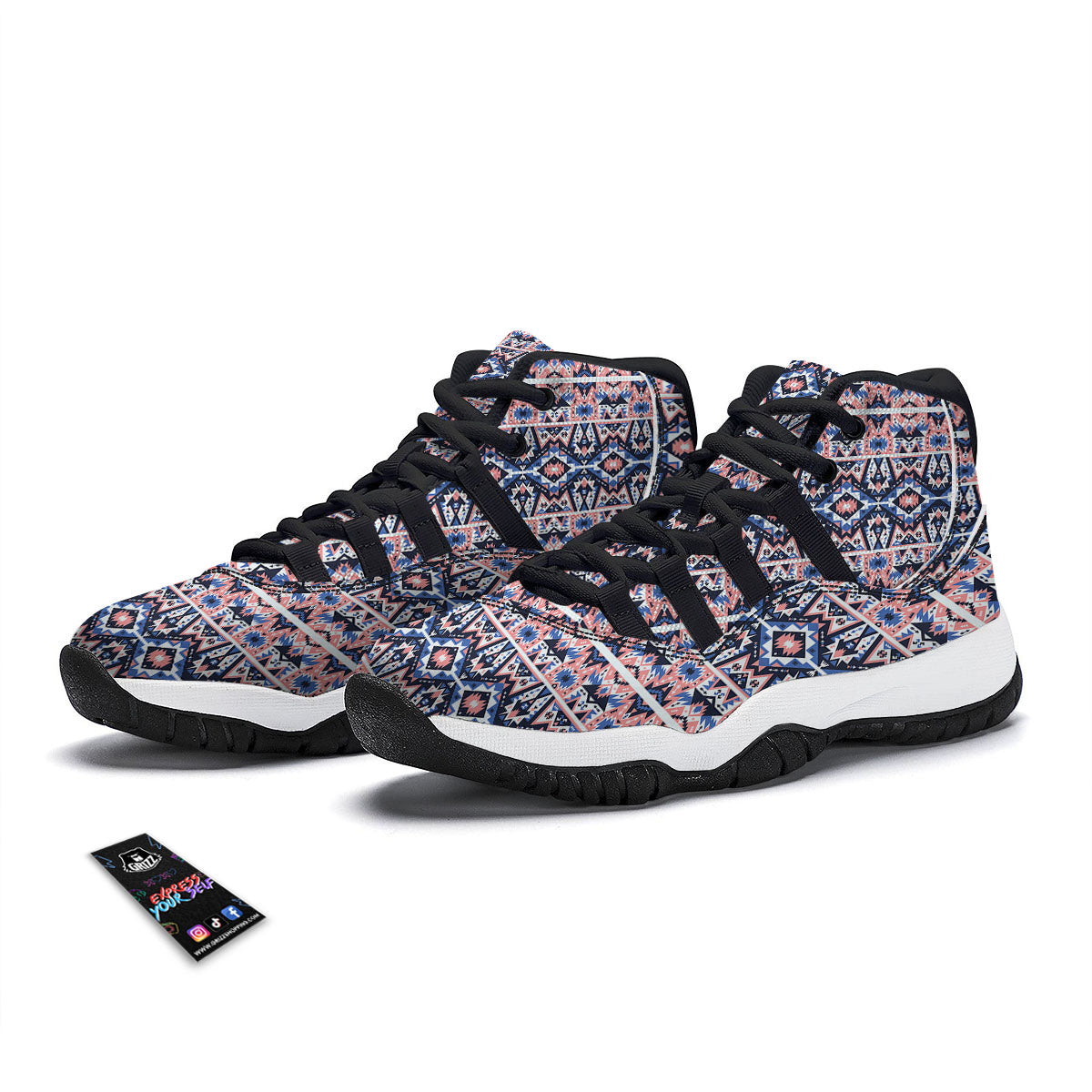 Southwestern Blue And Pink Print Pattern Black Bball Shoes-grizzshop