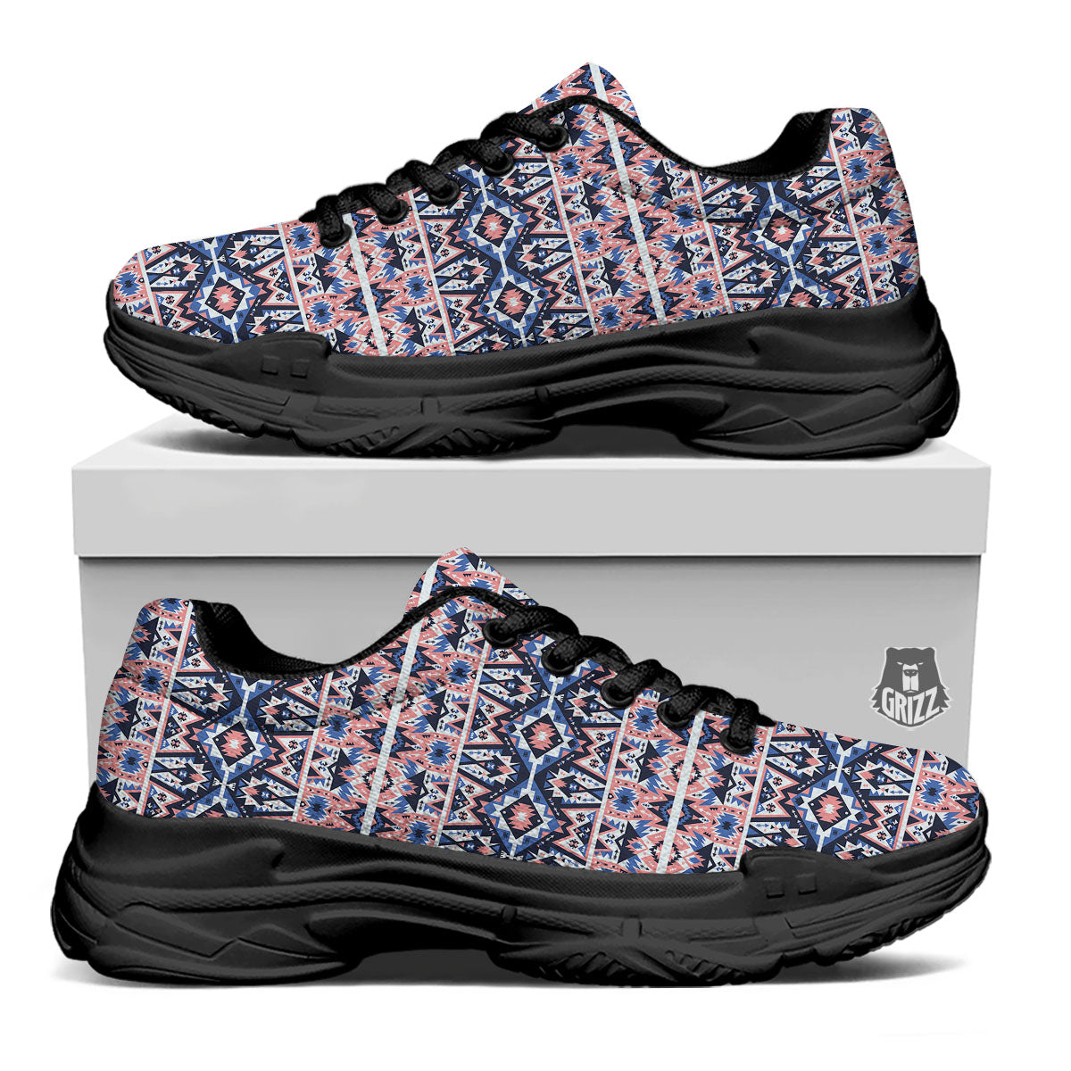 Southwestern Blue And Pink Print Pattern Black Chunky Shoes-grizzshop