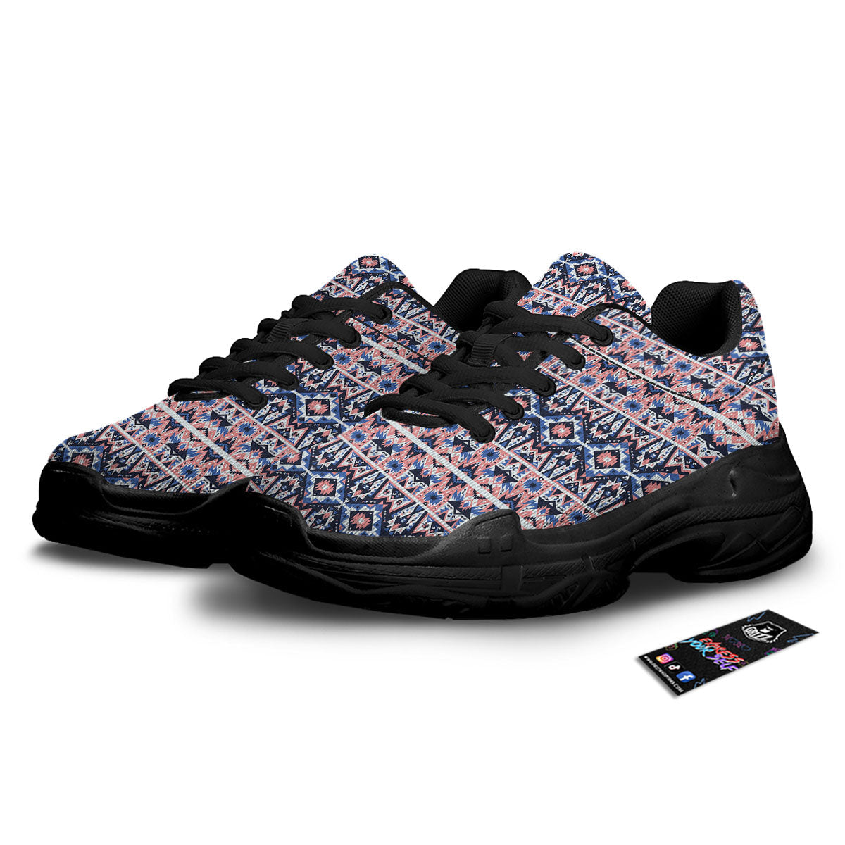 Southwestern Blue And Pink Print Pattern Black Chunky Shoes-grizzshop