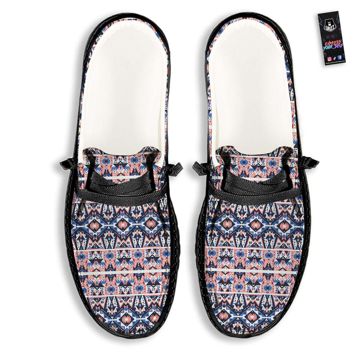 Southwestern Blue And Pink Print Pattern Black Loafers-grizzshop