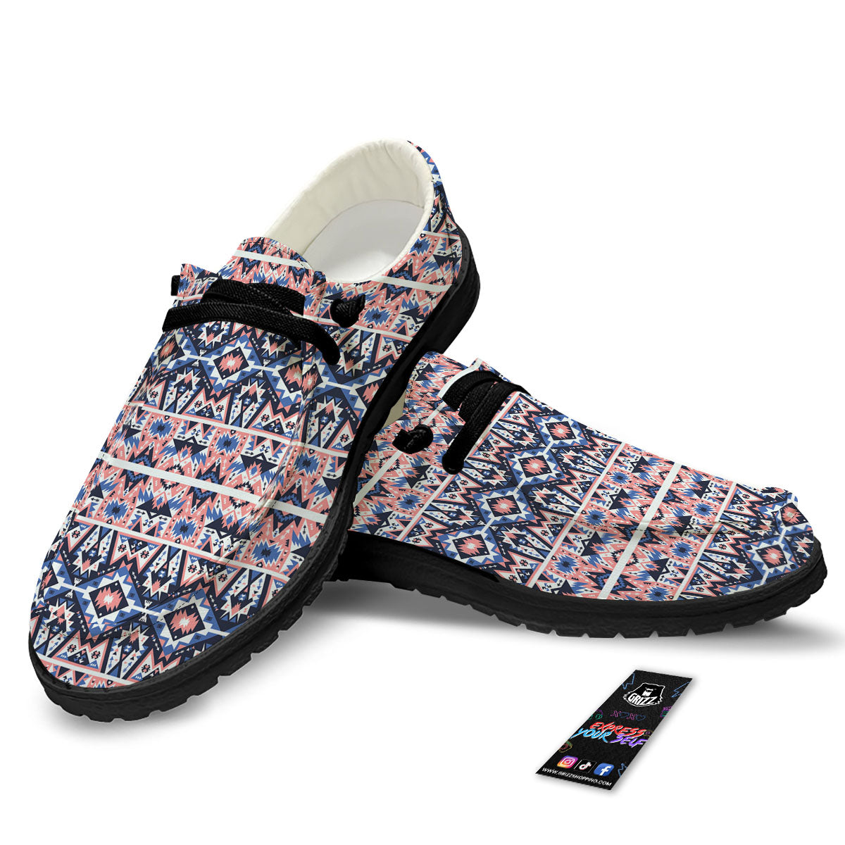 Southwestern Blue And Pink Print Pattern Black Loafers-grizzshop