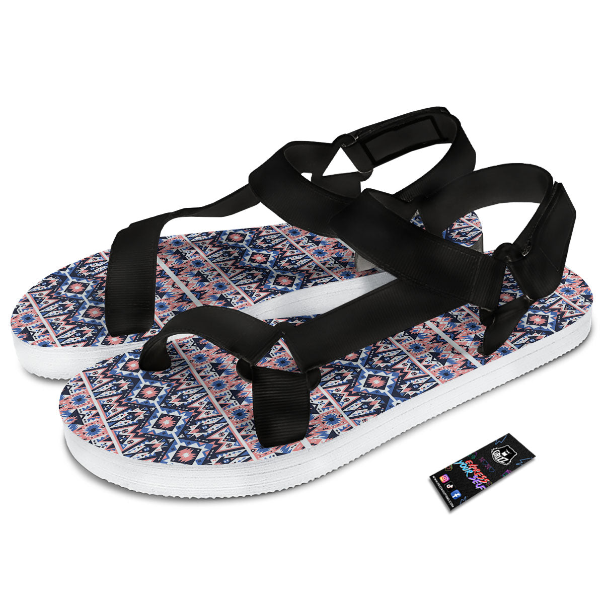 Southwestern Blue And Pink Print Pattern Black Open Toe Sandals-grizzshop