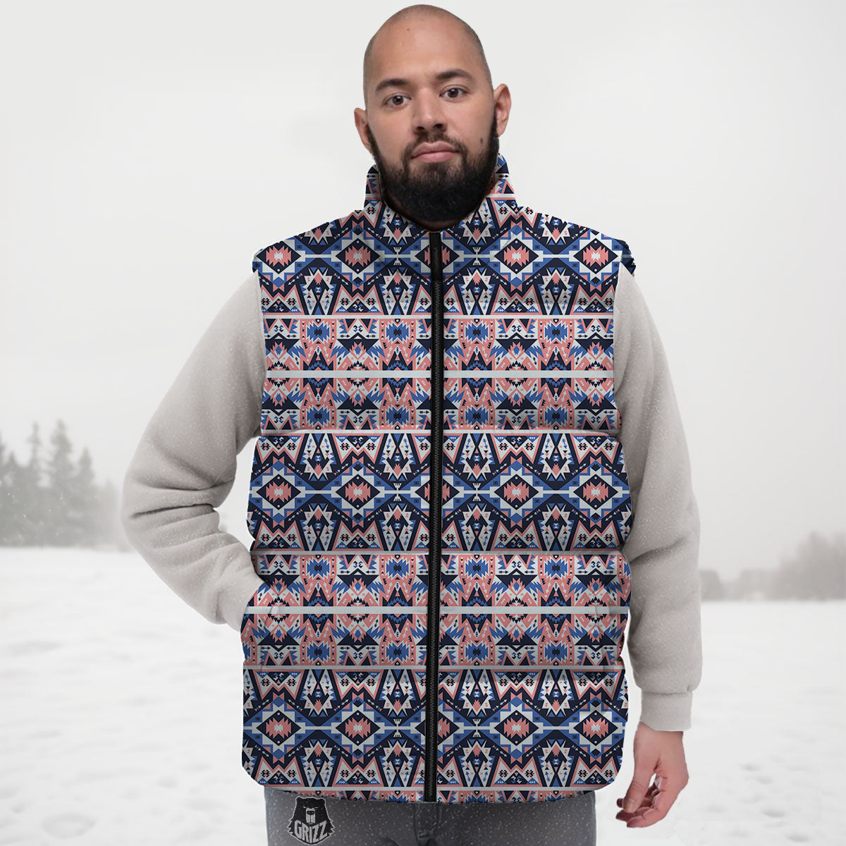 Southwestern Blue And Pink Print Pattern Down Vest